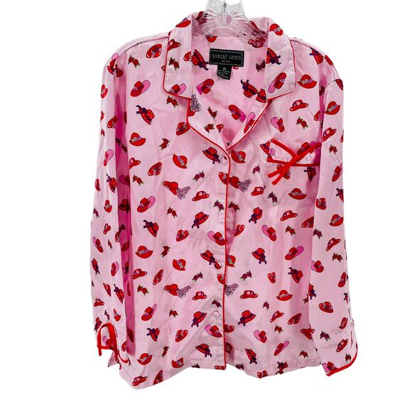Robert Louis Pink Long Sleeve Satiny Button Closure Flowers Red Hats Top M - Picture 2 of 9